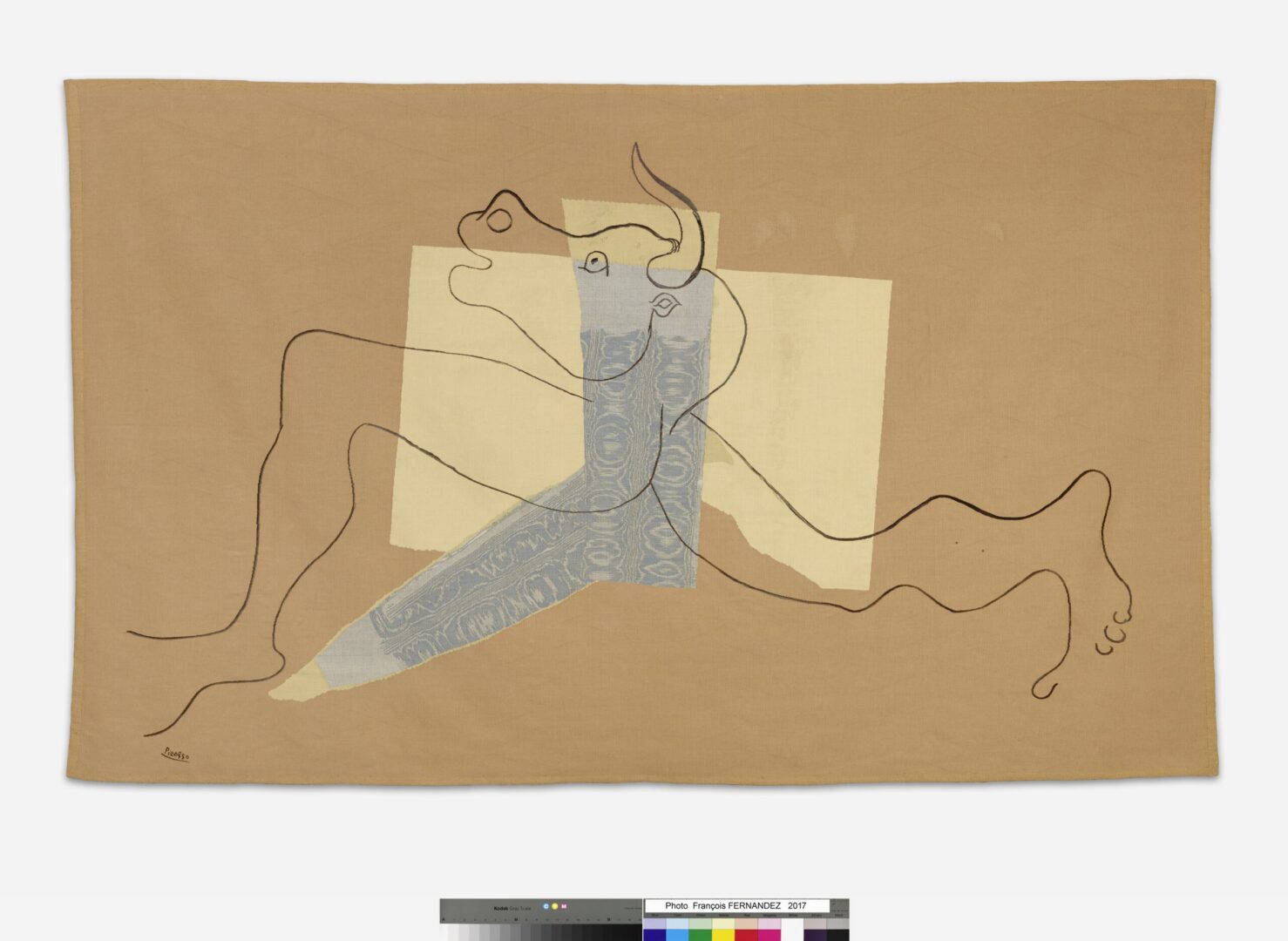 Tapestry Le Minotaure 1935. Wool and silk tapestry, woven in Aubusson Donated by Marie Cuttoli in 1950 Musée Picasso, Antibes (photo credit) © François Fernandez © Succession DACS, London 2025.